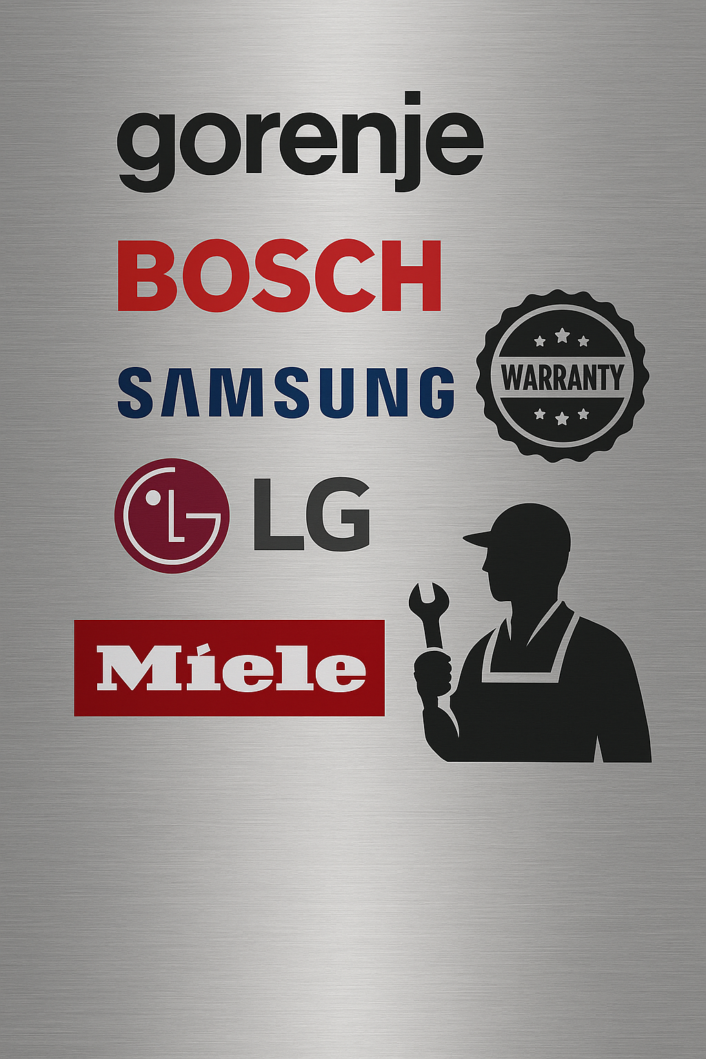 Logotipi brendova Gorenje, Bosch, Samsung, LG i Miele na inox pozadini uz simbol jamstva i servisnog tehničara